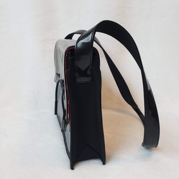 LIZ CLAIBORNE Shiny Patent Shoulder Bag Structured Retro Polka Dot Lining - Picture 3 of 15